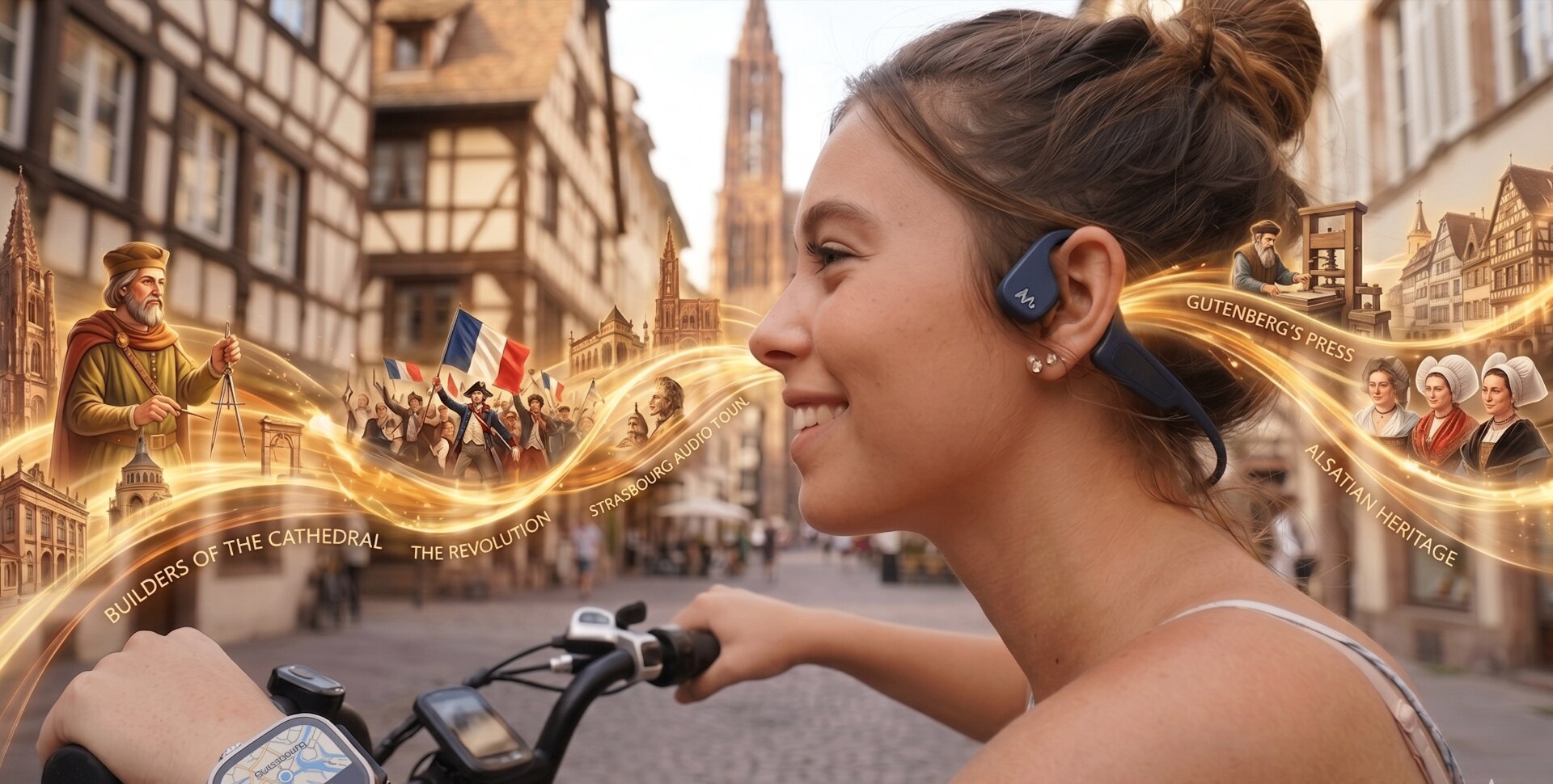 Cyclist with bone-conduction headphones riding through Strasbourg as historical illustrations float around her